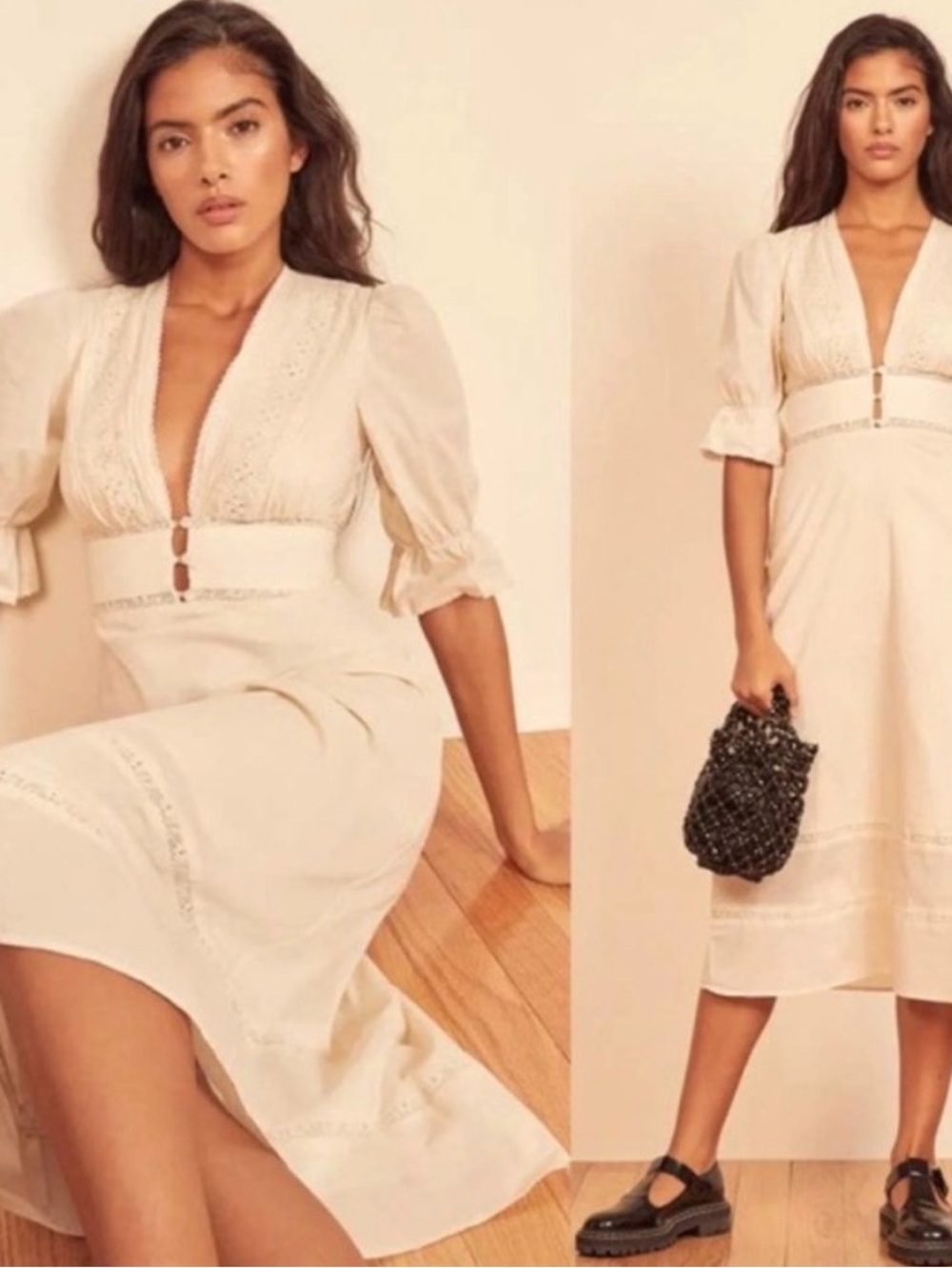 Reformation Cream Eyelet V‑Neck Midi Dress